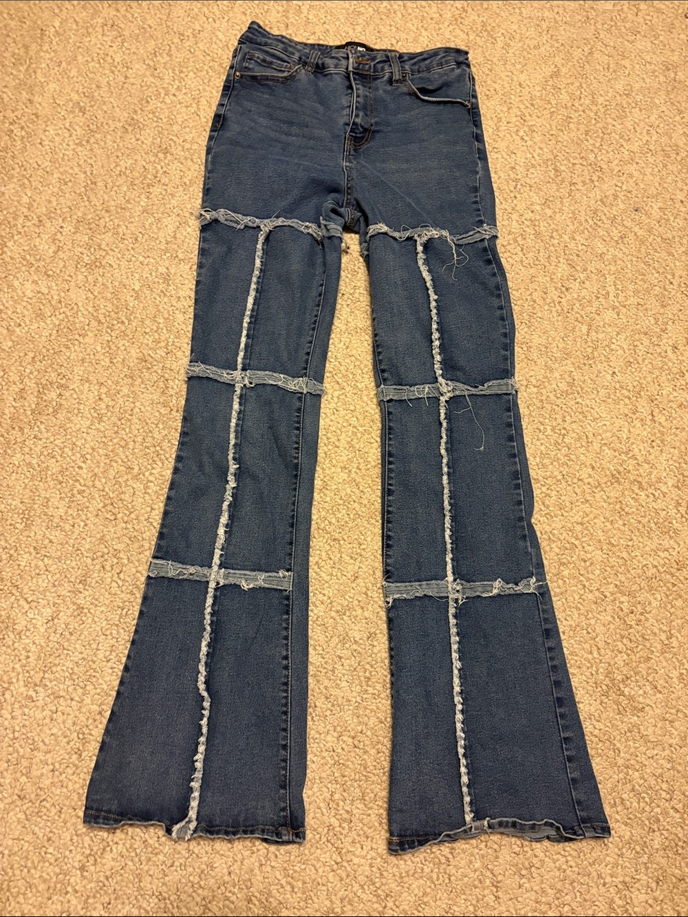 Fashion Nova Dark Blue Distressed Panel Flare Jeans Size: 7 C23